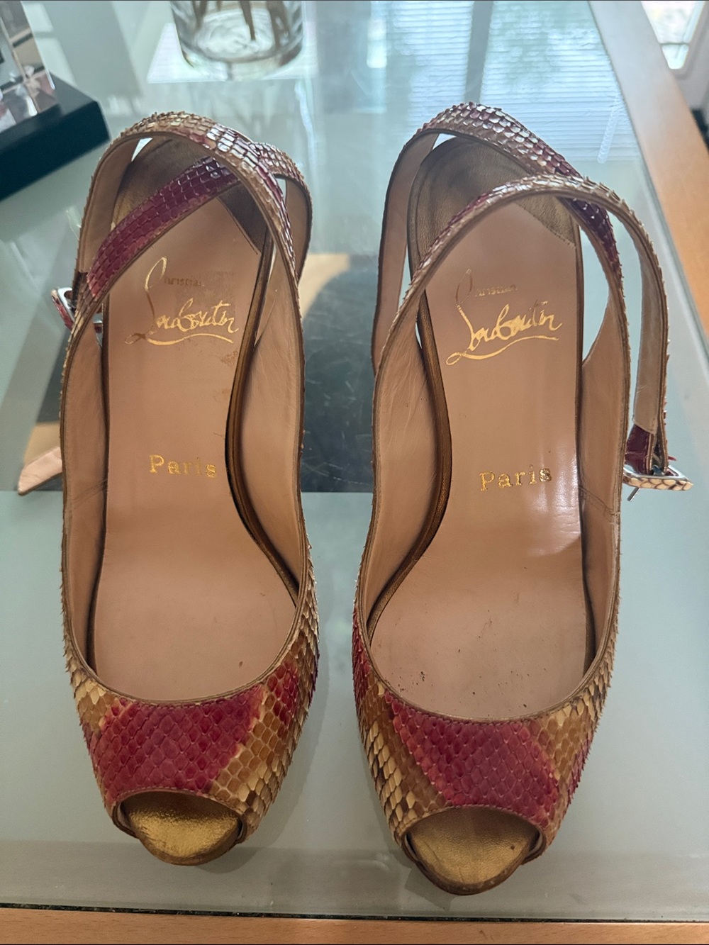 Christian Louboutin Red and Gold Snake-Embossed Peep-Toe Slingbacks